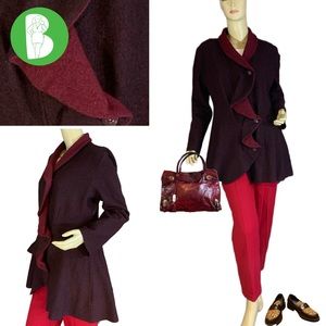 ROSIE NEIRA ANTHROPOLOGIE BURGUNDY WOOL CARDIGAN WITH RUFFLE (L)